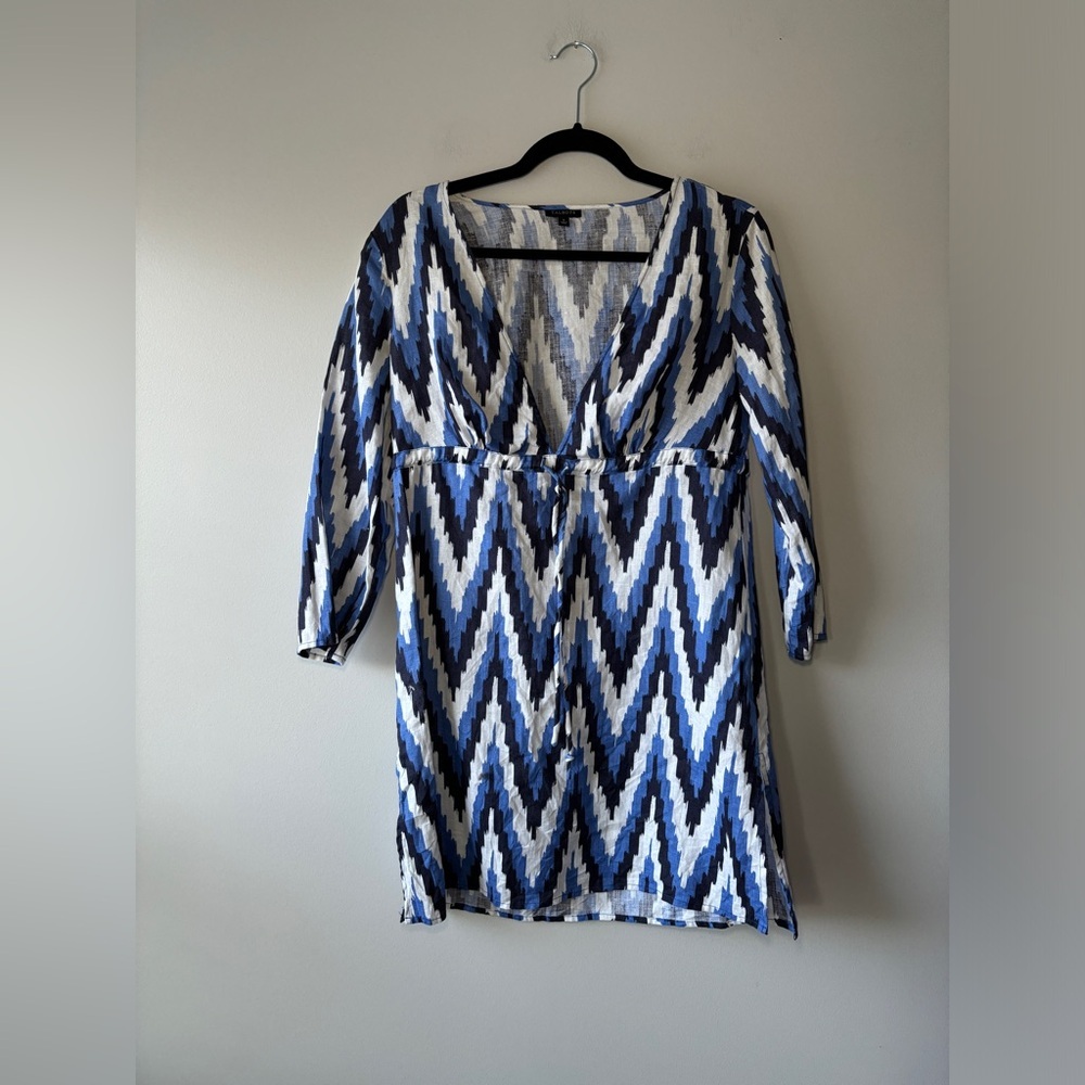 Talbots Women's Linen Caftan Swim Coverup Dress Tie Waist Geometric Size Small